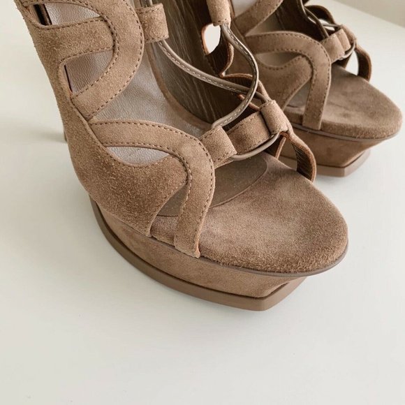 NEW YSL Saint Laurent Tribute Lace Up Platform Sandals in Taupe Suede Size 7 - Picture 3 of 7
